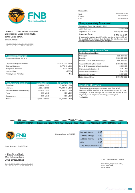 Download South Africa First National Bank (FNB) mortgage statement in Word and PDF formats Photoshop template